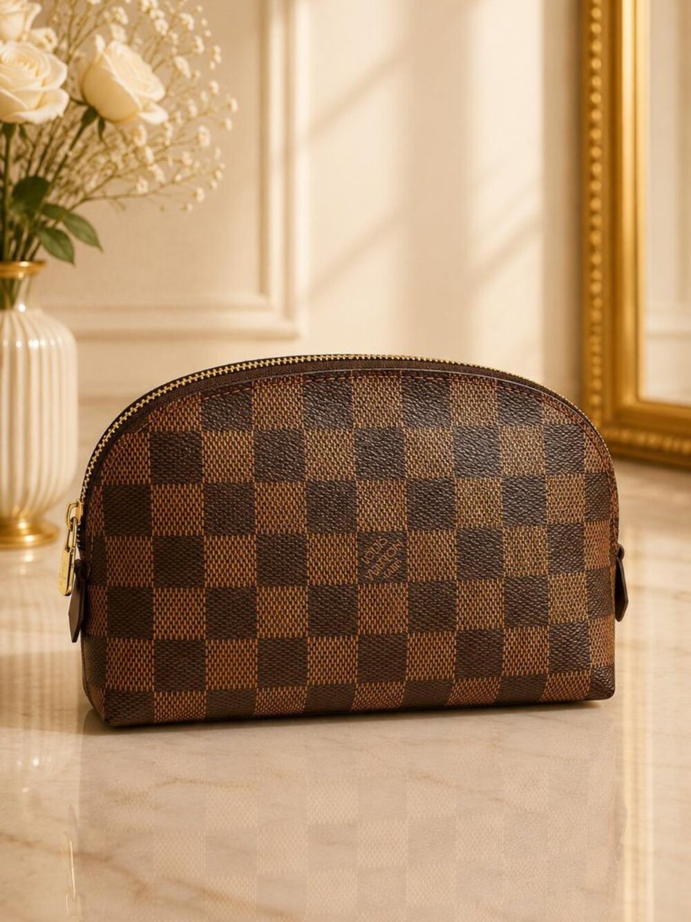Authentic Louis Vuitton Cosmetic Pochette Damier Ebene Makeup Pouch Brown Canvas